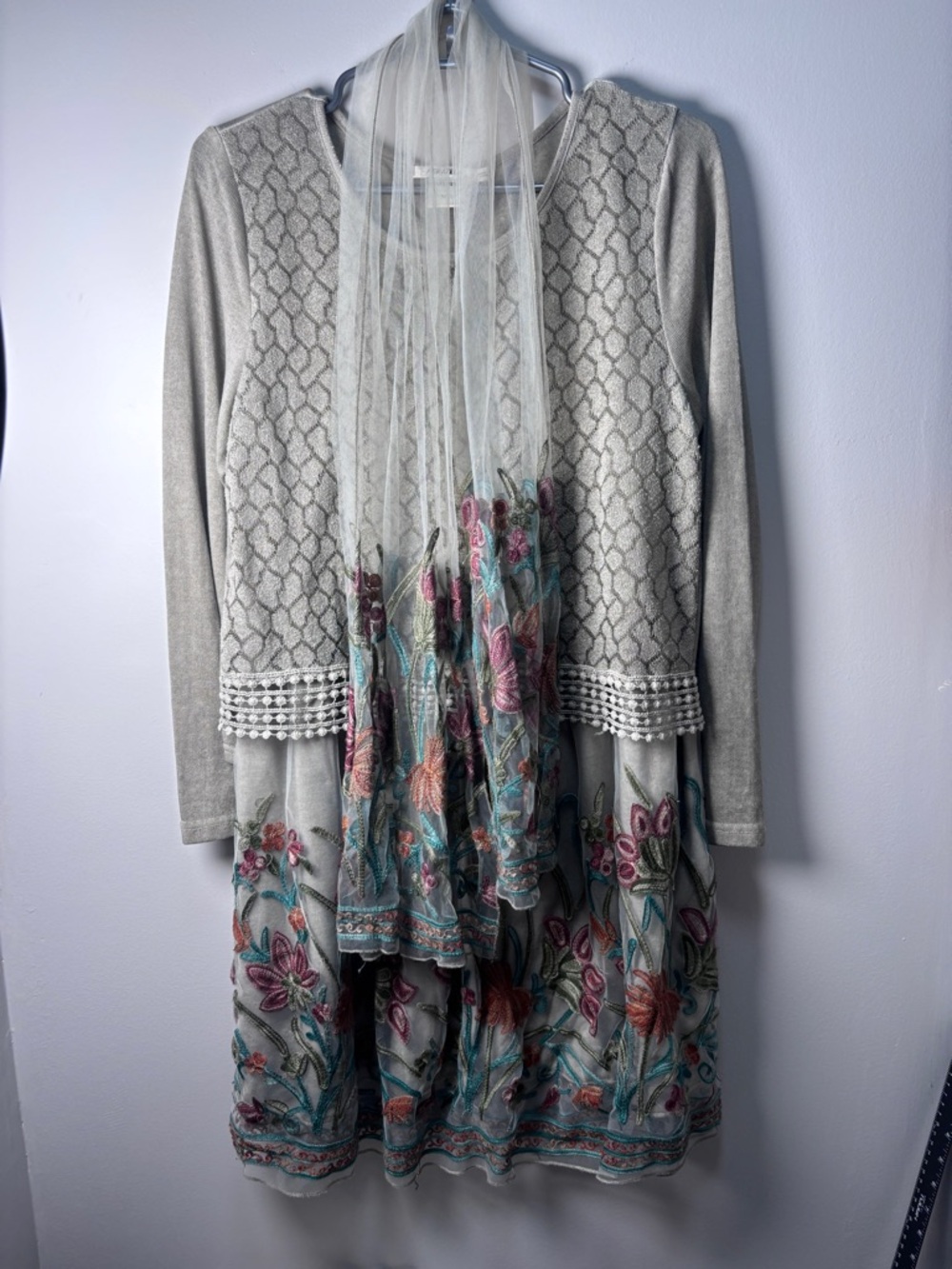 Feratelli Dress or Tunic w/ Embroidered Overlay Skirt Boho Grey Sz M